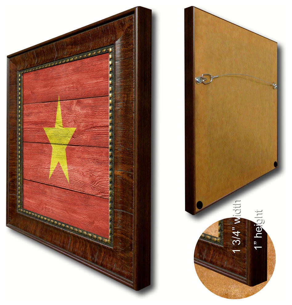 Vietnam Country Textured Flag Print With Brown Gold Frame, 15"X21"