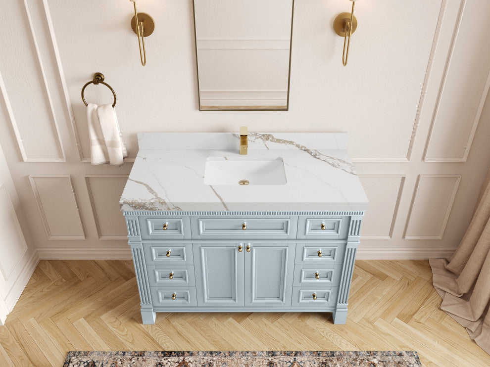 Paris 48" Single Sink Bathroom Vanity, Blue Heather 2" Calacatta Gold