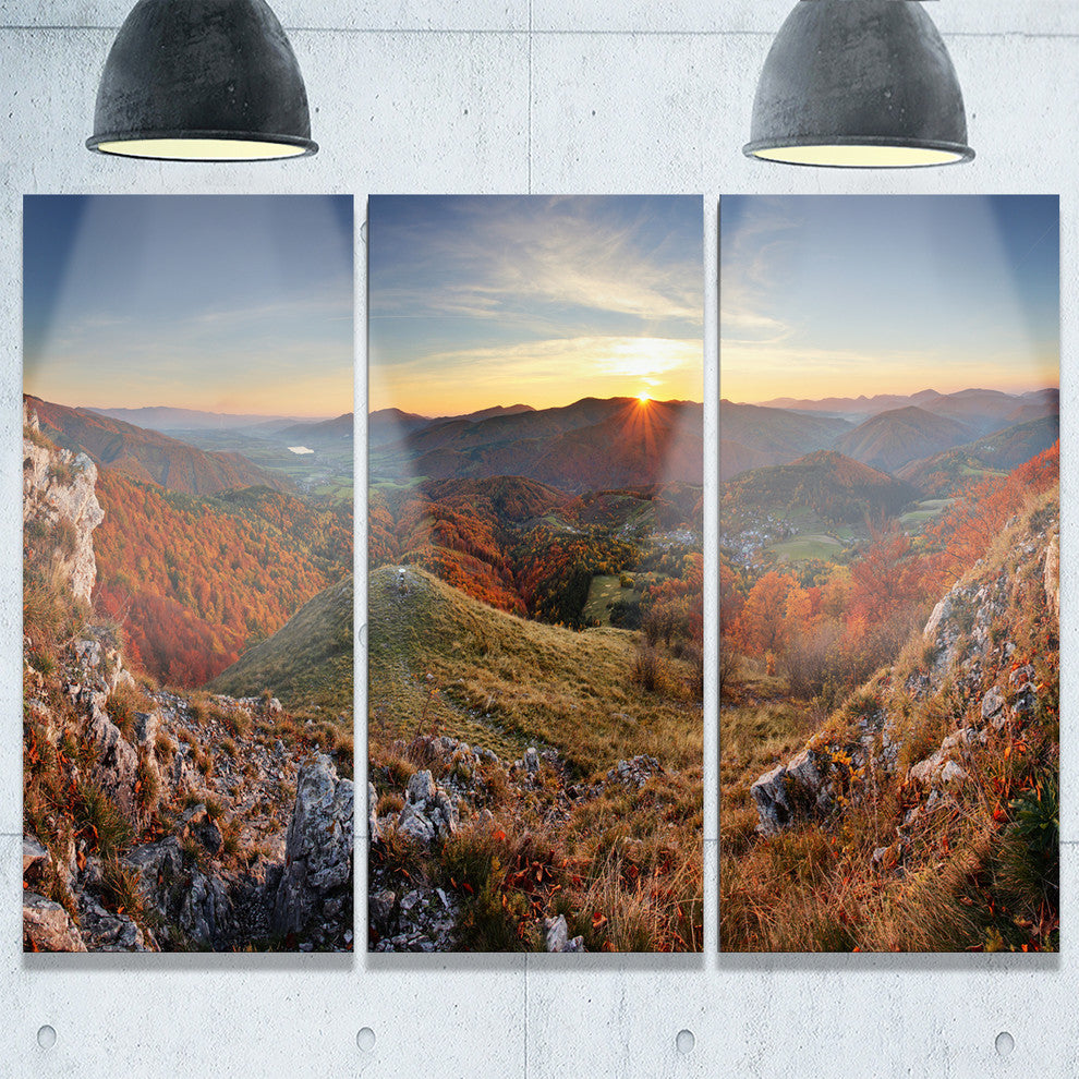 "Majestic Sunset in Mountain Landscape" Metal Wall Art, 3 Panels, 36"x28"