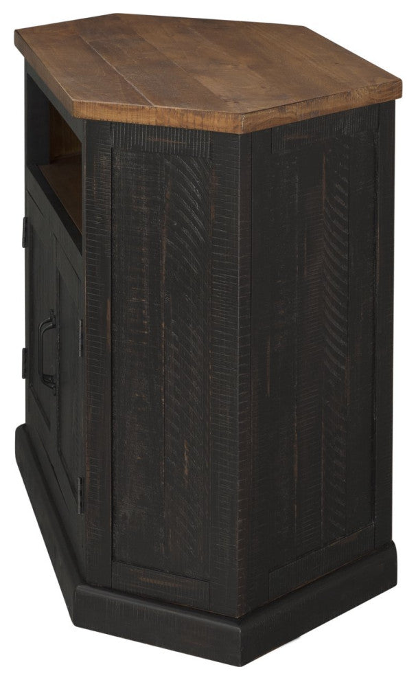 Rustic Corner TV Stand, Fits 55" TVs with Open Shelf, and Storage Cabinet, Antique Black/Honey