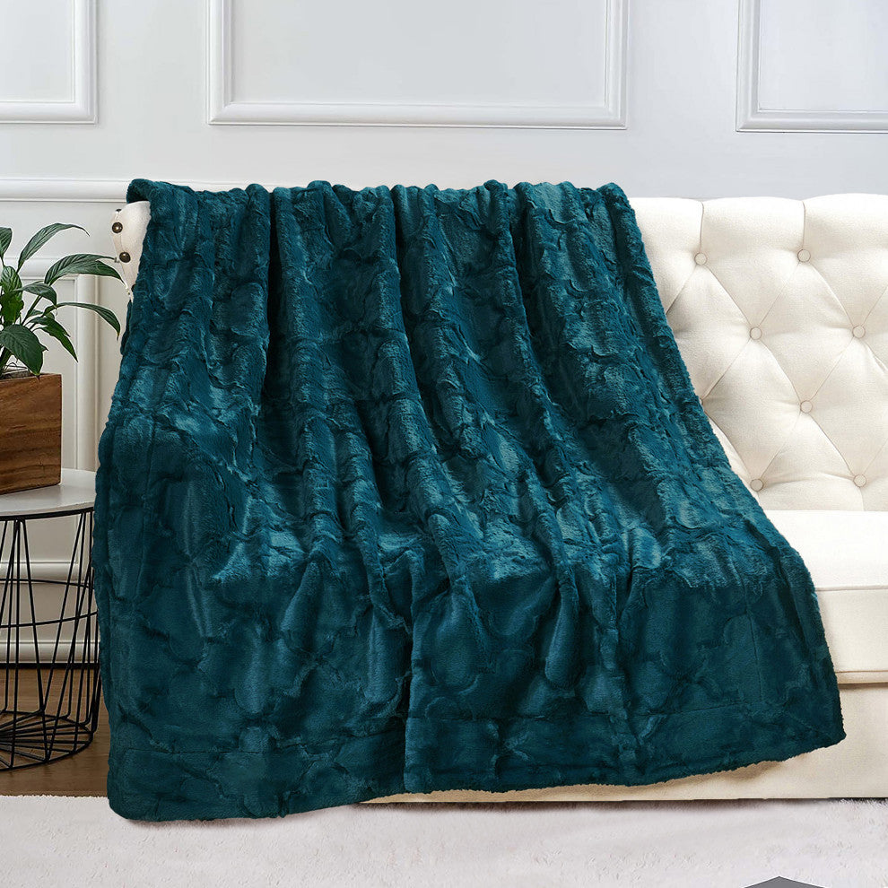 Ashley Jumbo Brushed Faux Fur & Matching Sherpa Borrego Backing Throw, Dark Teal, 60" X 80"