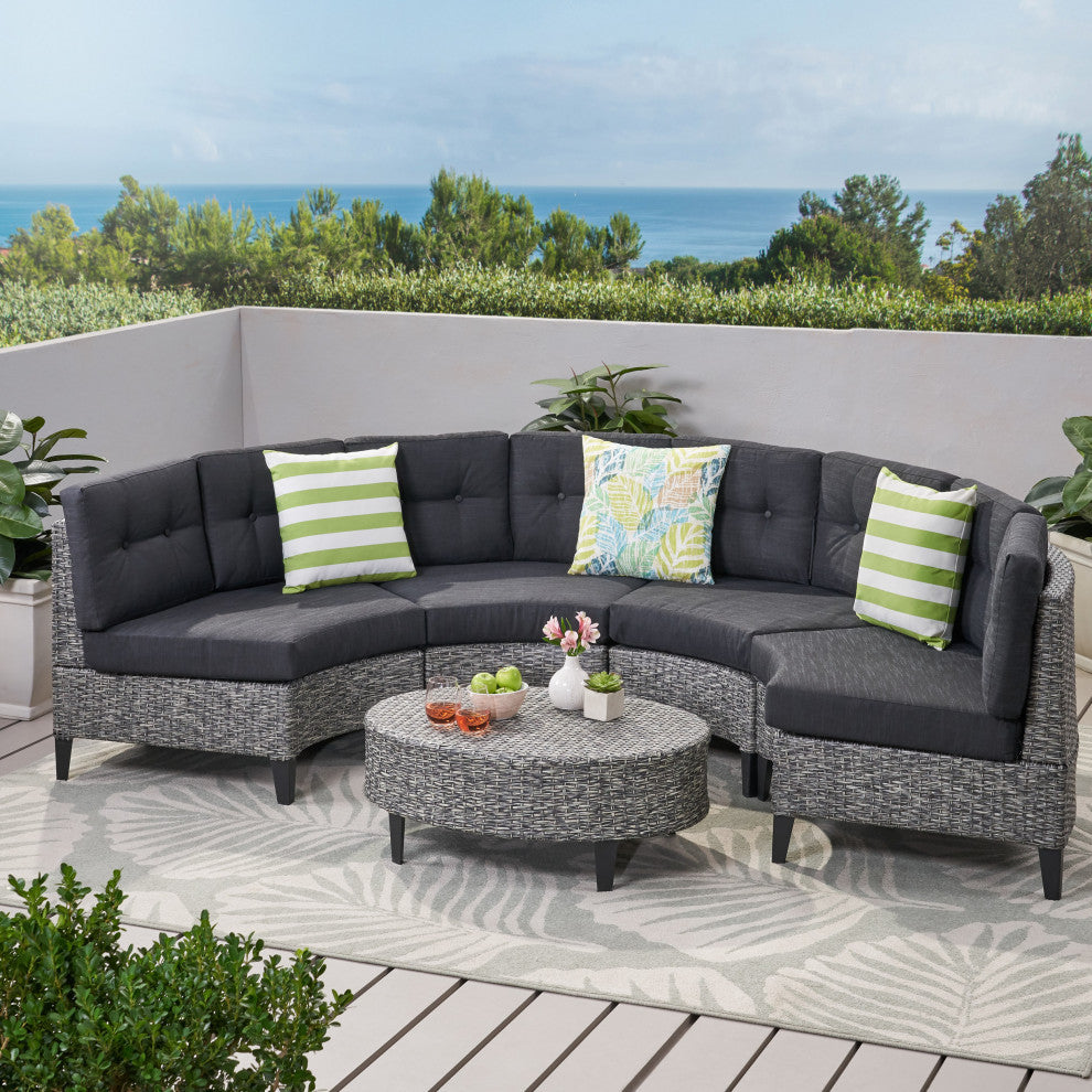 GDF Studio 5-Piece Currituck Outdoor Black Wicker Sofa, Dark Gray Set