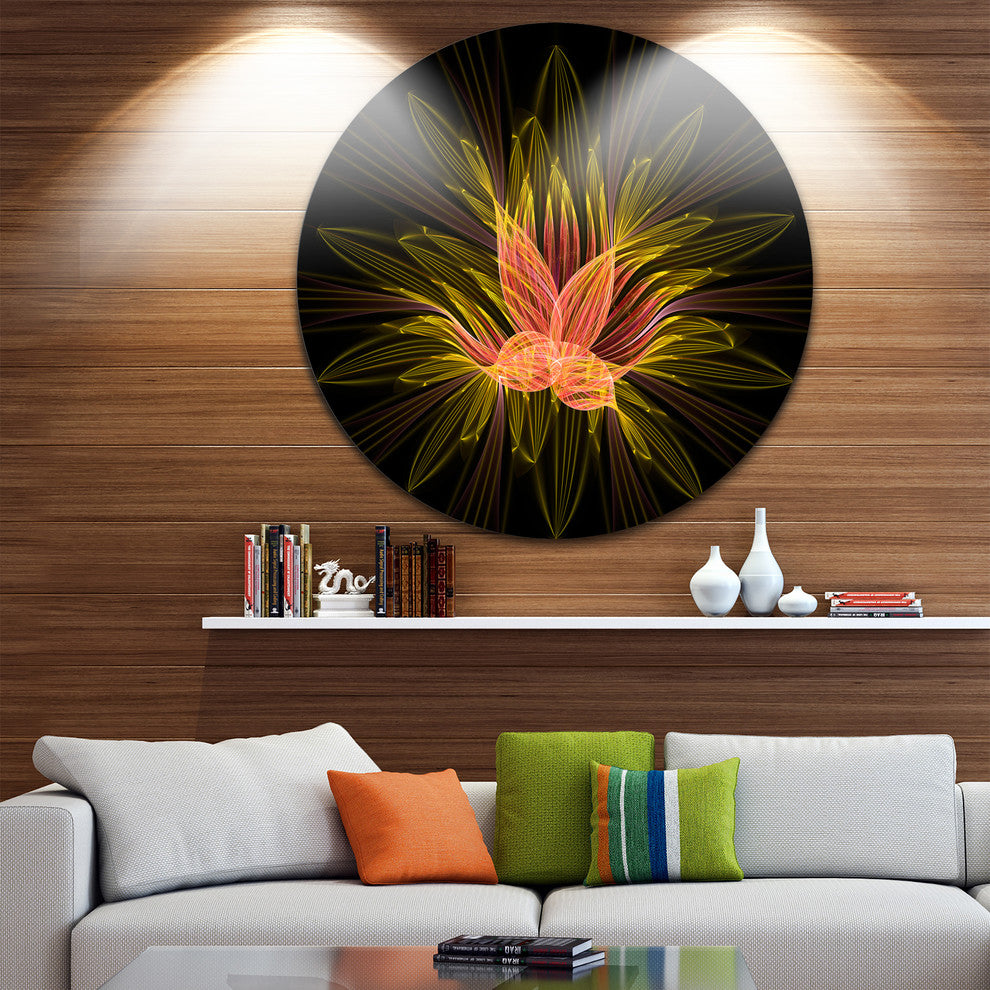 Yellow Red Fractal Flower In Dark, Abstract Disc Metal Wall Art, 38"