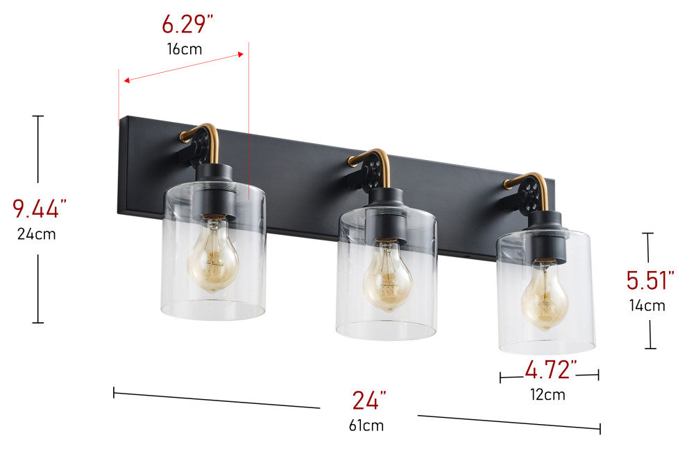 Matte Black 3-Light Cylinder Clear Glass Vanity Light for Bathroom