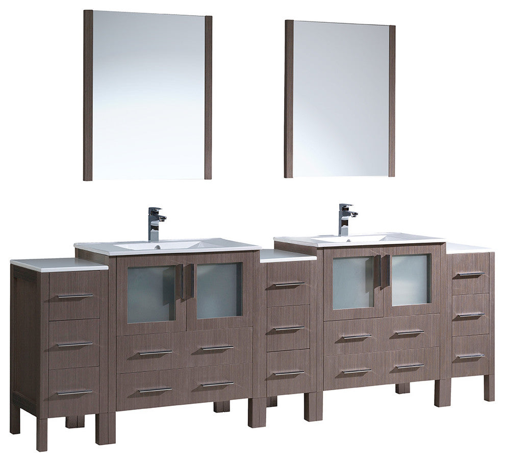 Torino 96" Gray Oak Modern Double Sink Bathroom Vanity, Faucet FFT9151CH