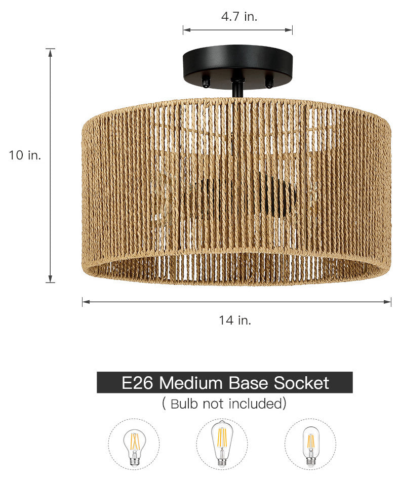 14" W 2-Light Woven Rope Drum Semi-Flush Mount Ceiling Light, Natural