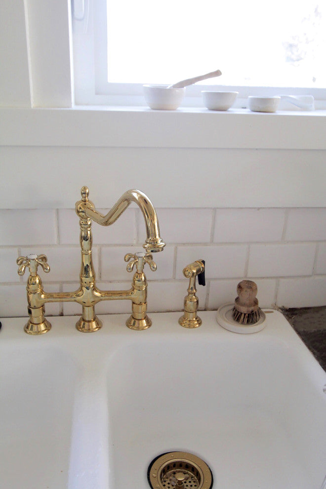 Kingston Brass Bridge Kitchen Faucet With Brass Sprayer, Polished Brass