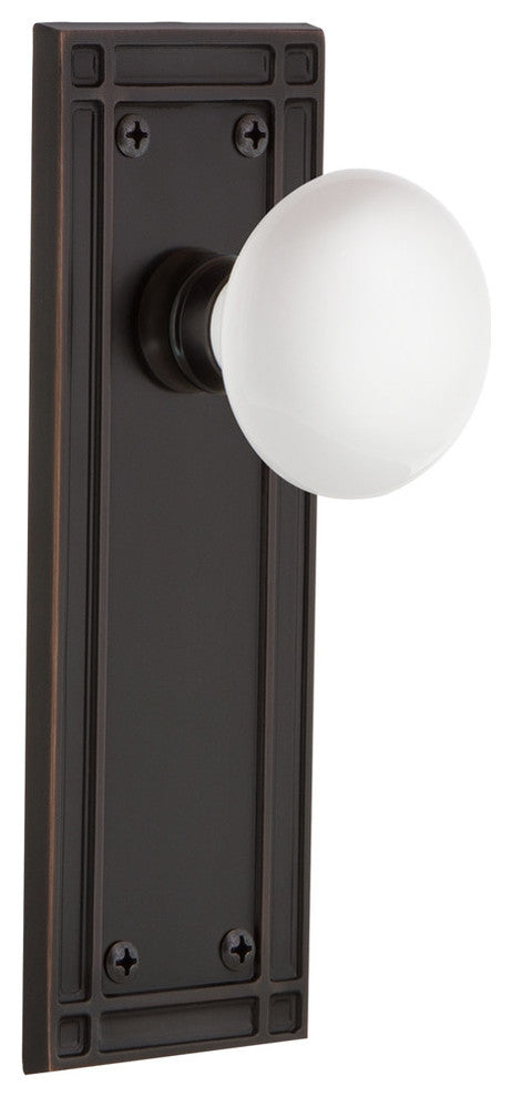 Mission Plate Privacy White Porcelain Knob, Timeless Bronze