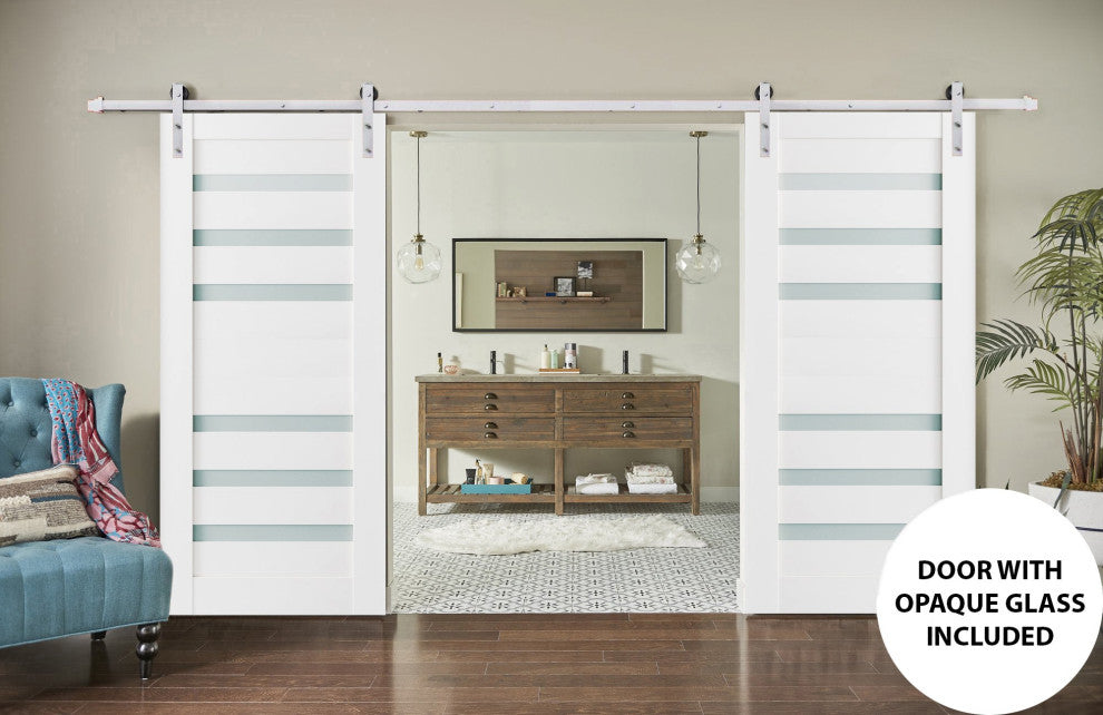 Double Barn Door 64 x 96 Frosted Glass, Quadro 4266 White, Silver 13FT
