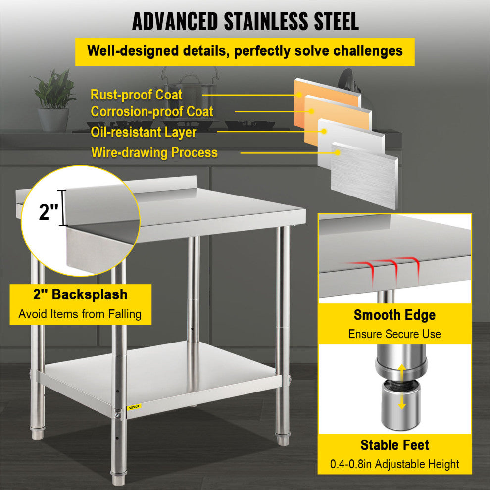 Stainless Steel Prep Table Heavy Duty Metal Worktable w/ Backsplash Undershelf, 30x24x35 Inch