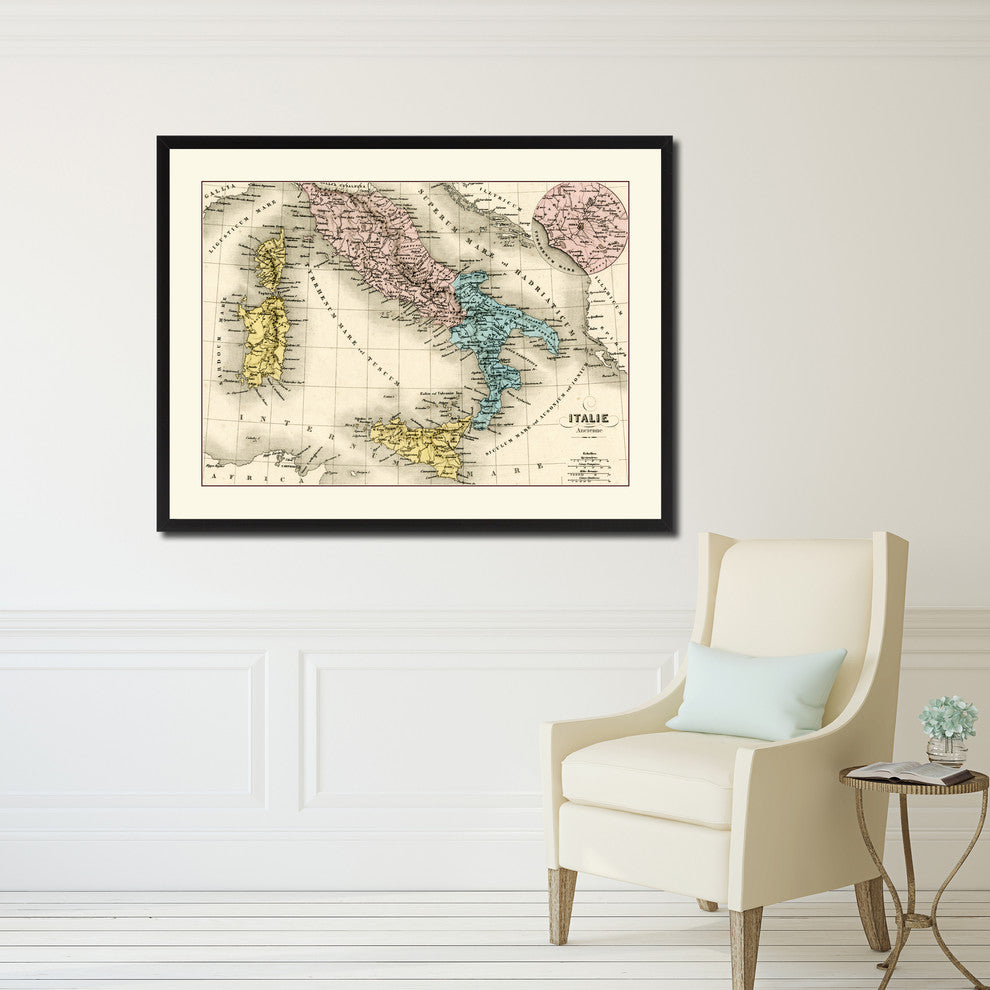 Italy, Rome Map Print On Canvas With Black Frame, 16" X 21"