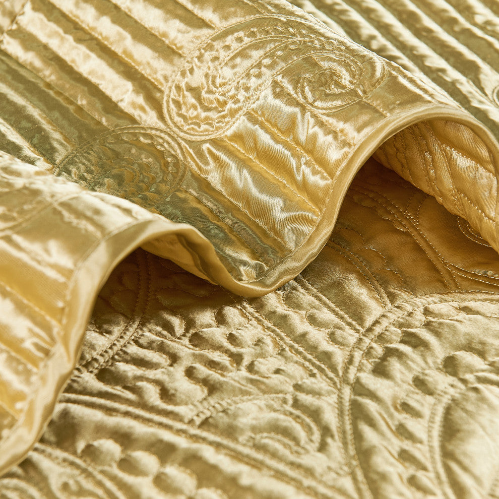 Quilted Satin 4 Piece Bed Spread Set, Gold, Queen