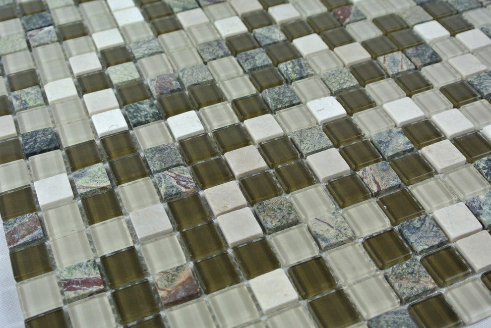Crystal Stone 12"x12" Glass and Stone Square Mosaic Tile,Forest Walk, Single Sheet