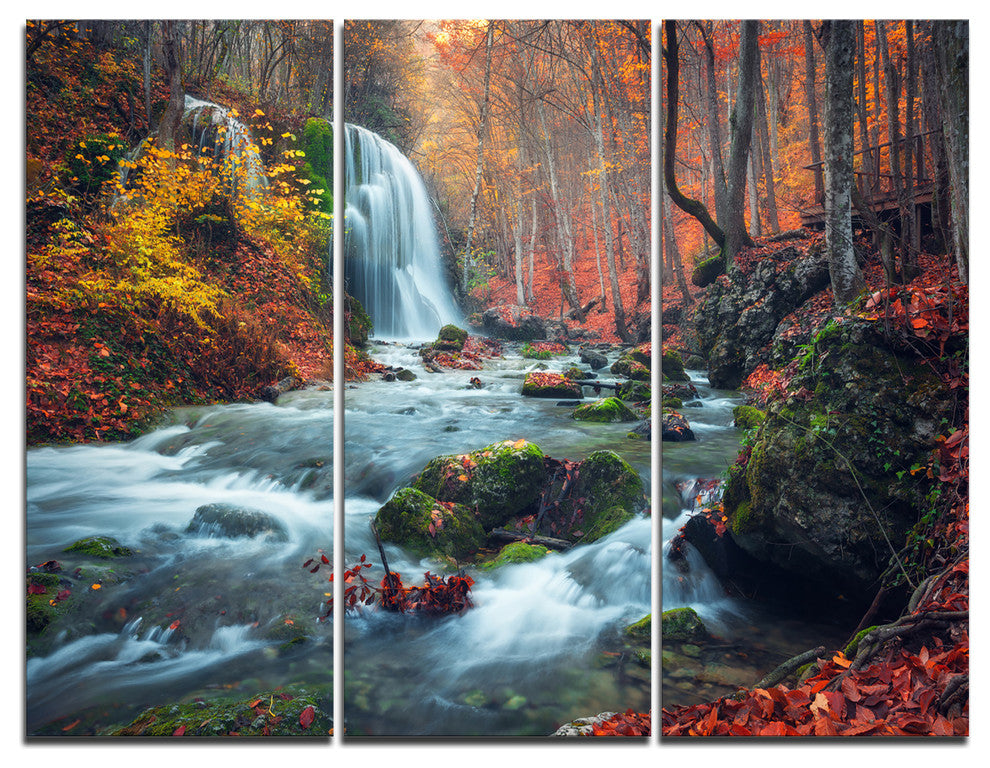 "Autumn Mountain Waterfall Long View" Photo Wall Art, 3 Panels, 36"x28"