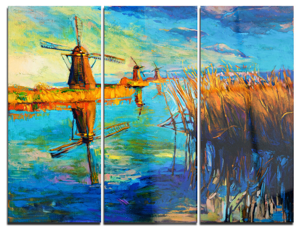 "Windmills With Sky and Water" Metal Wall Art, 3 Panels, 36"x28"