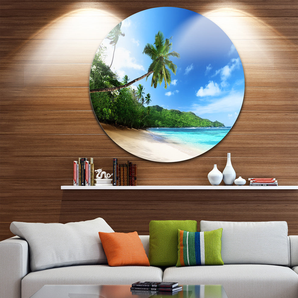 Sunset Beach With Palm, Landscape Photography Disc Metal Wall Art, 23"