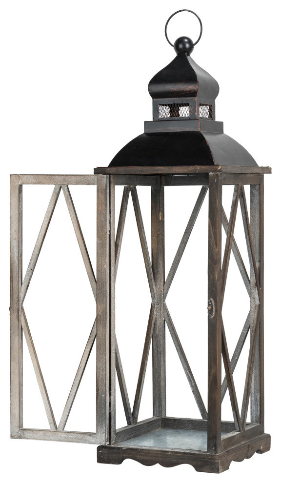 Farmhouse Wood Metal Lanterns Set of 2, Black