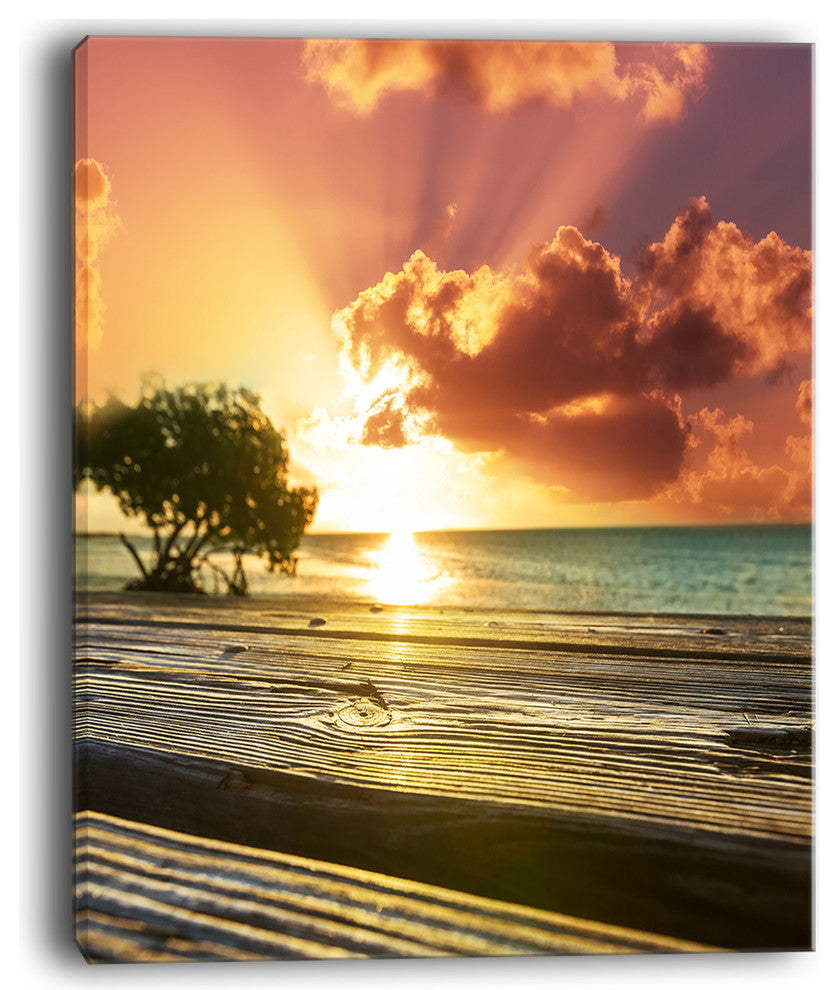 "Boardwalk on Beach Under Cloudy Sky" Modern Landscape Wall Art Canvas, 12"x20"