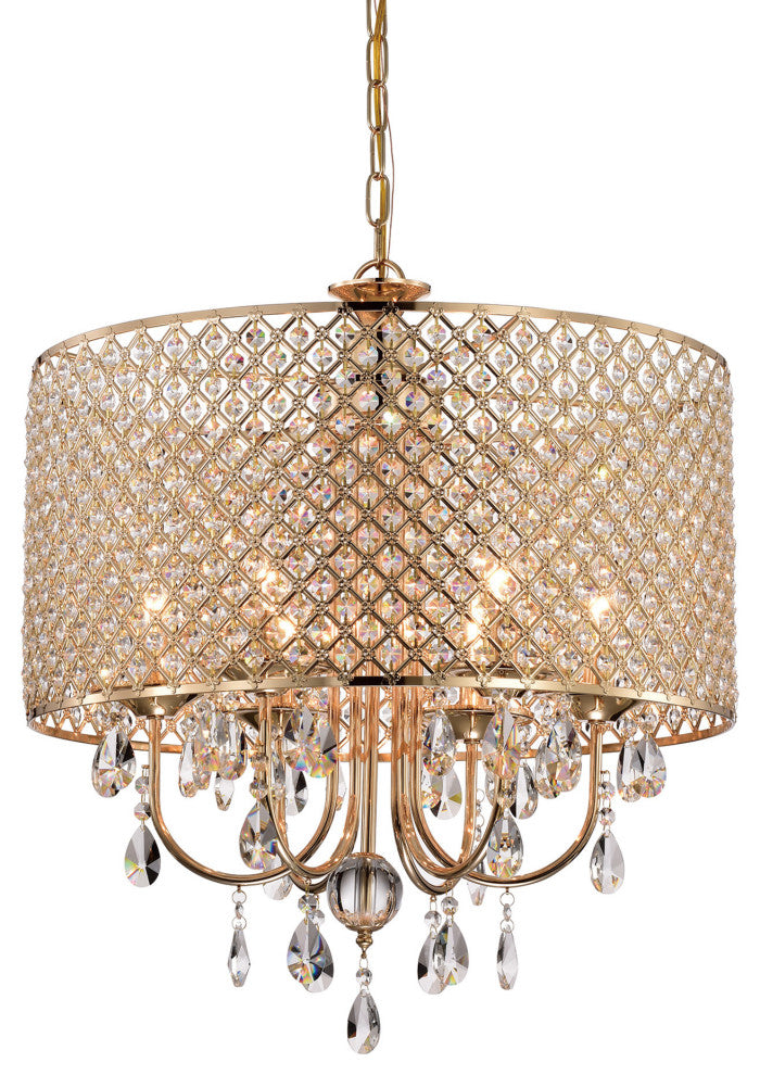 6-Light Gold Round Beaded Drum Chandelier With Hanging Crystals