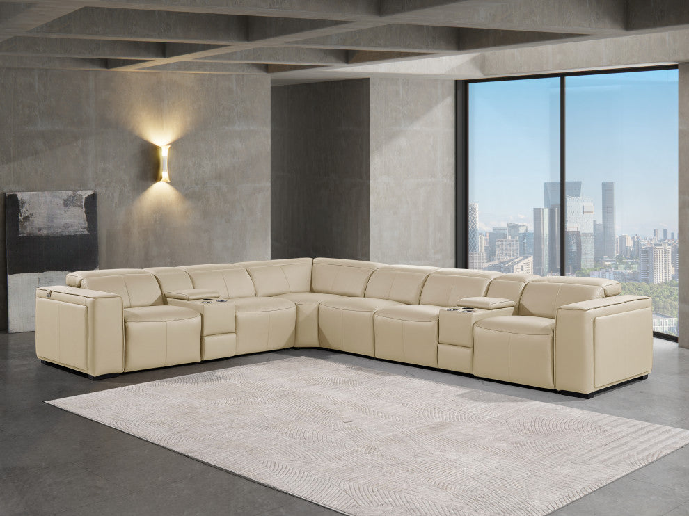 Niccolo Italian Leather 8-Piece L-Shaped Power Reclining Sectional, Beige