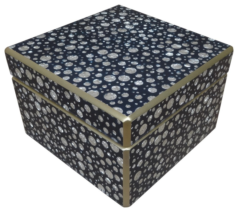 Reverse Painted Mirror Box in Blue With Silver Dots, Medium