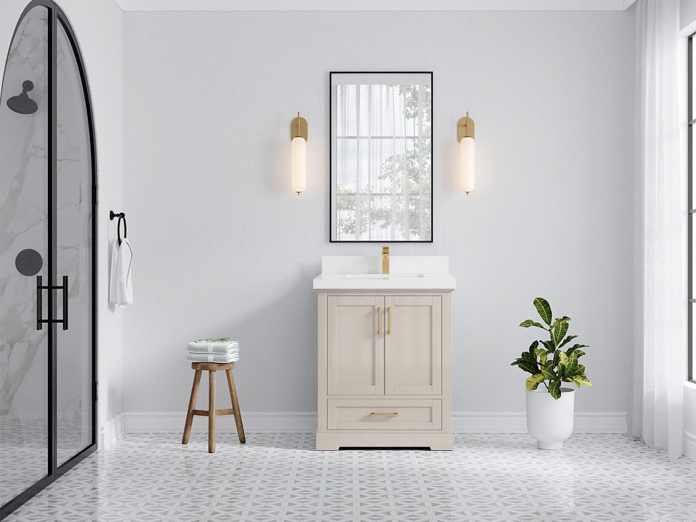 Boston 30" Single Sink Bath Vanity in Fine Grain 2" White Quartz