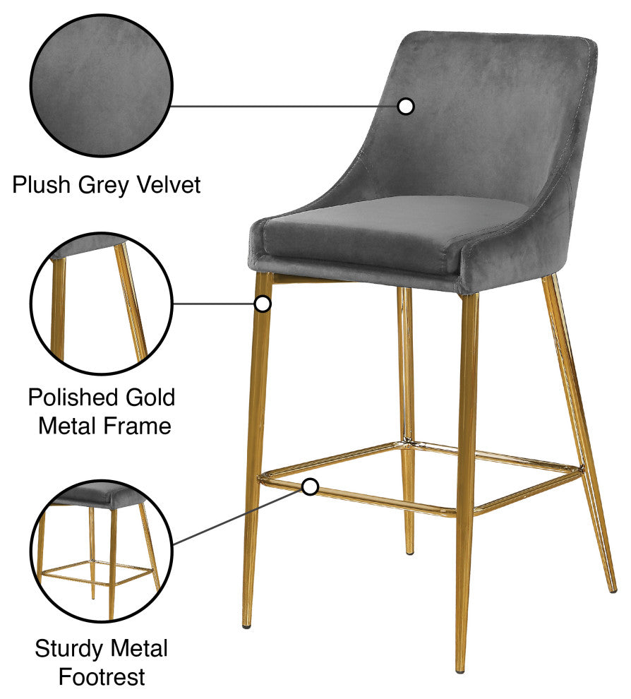 Karina Velvet Stool (Set of 2), Gray, Gold Base