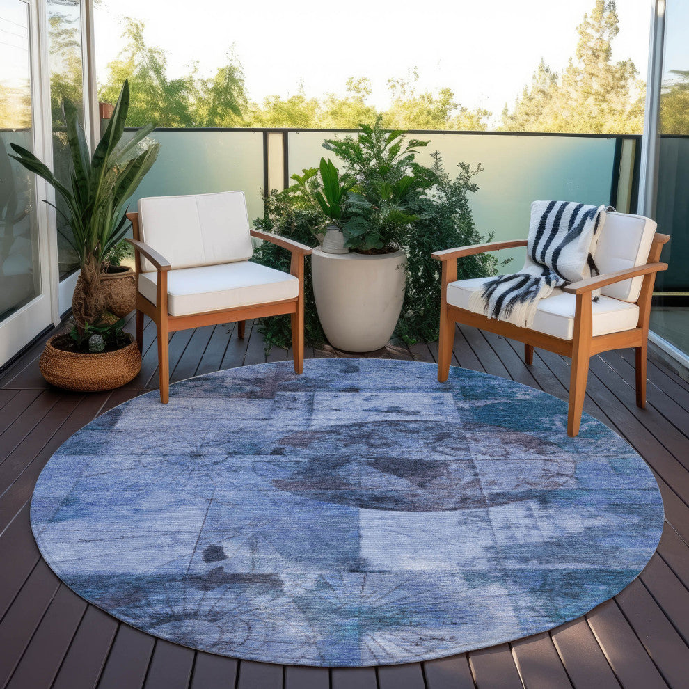 Machine Washable Indoor/Outdoor Chantille ACN1905 Blue 8' x 8' Round Rug