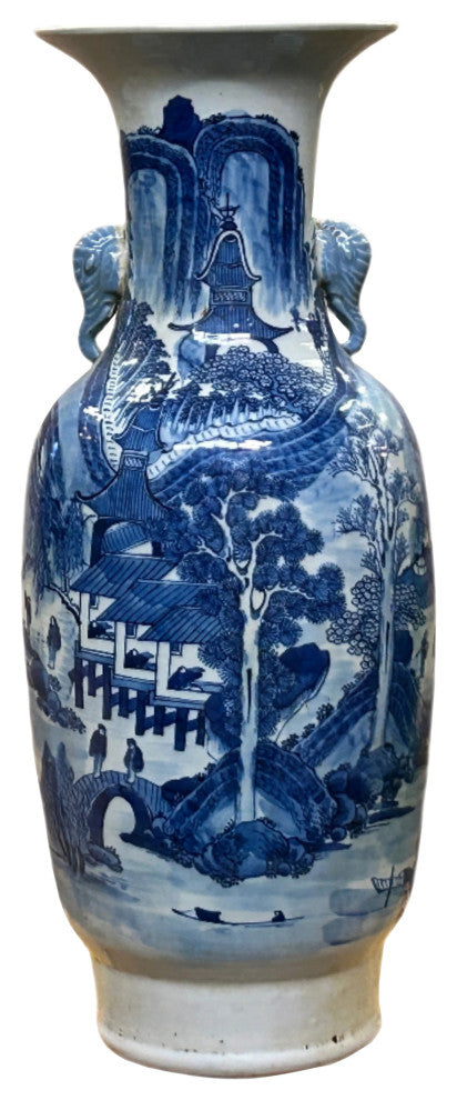 23" Vintage Blue White Scenery Porcelain Elephant Head Ear Art Vase Hws4363