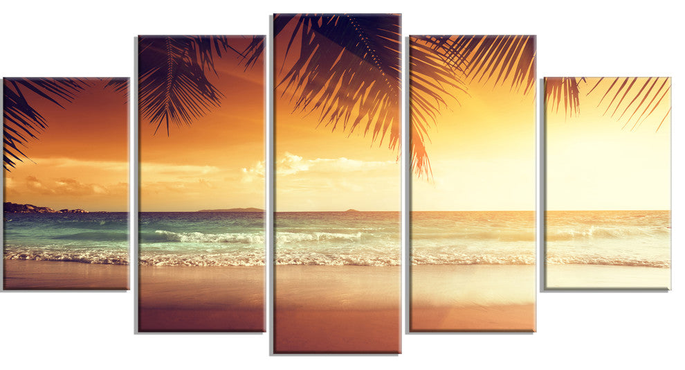 "Palm Leaves On Caribbean Seashore" Modern Seashore Wall Art, 5 Panels, 60"x32"