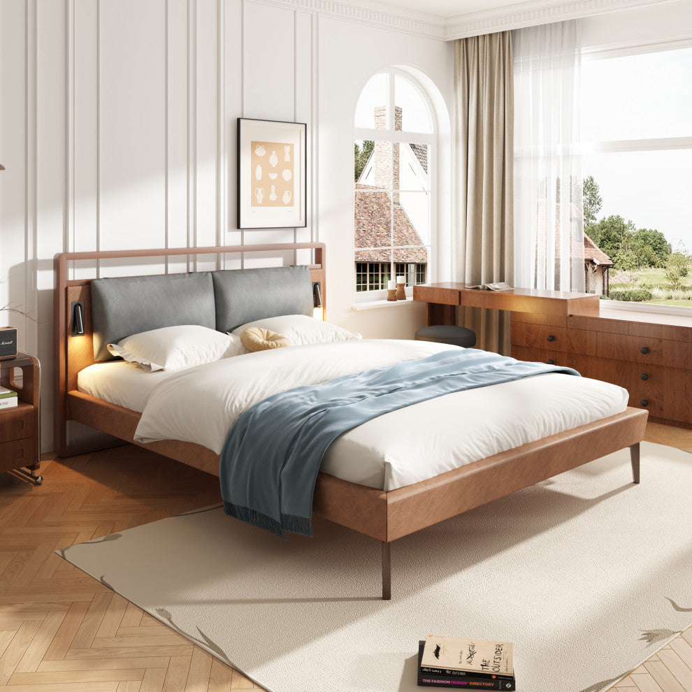 GDF Studio PU Leather Upholstered Platform Bed With LED Lights, Brown/Gray, Full
