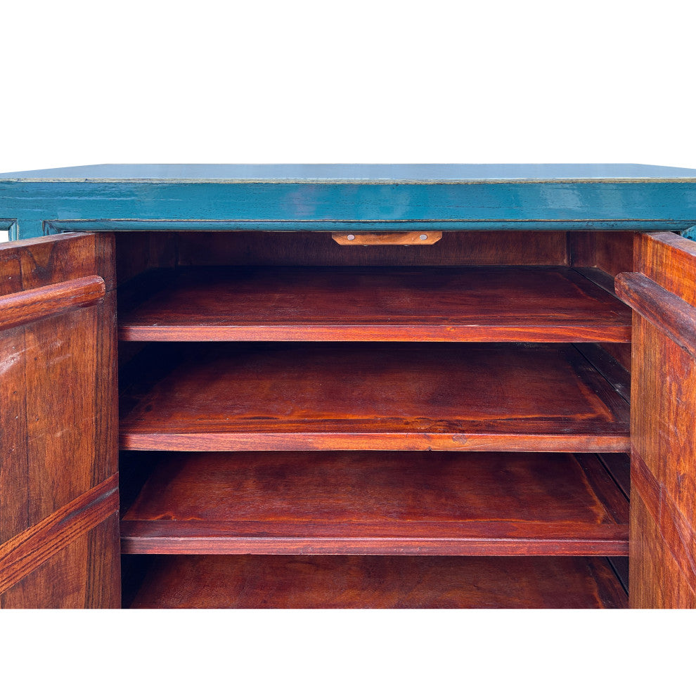 Distressed Teal Blue Lotus Carving Tall Credenza Storage Cabinet