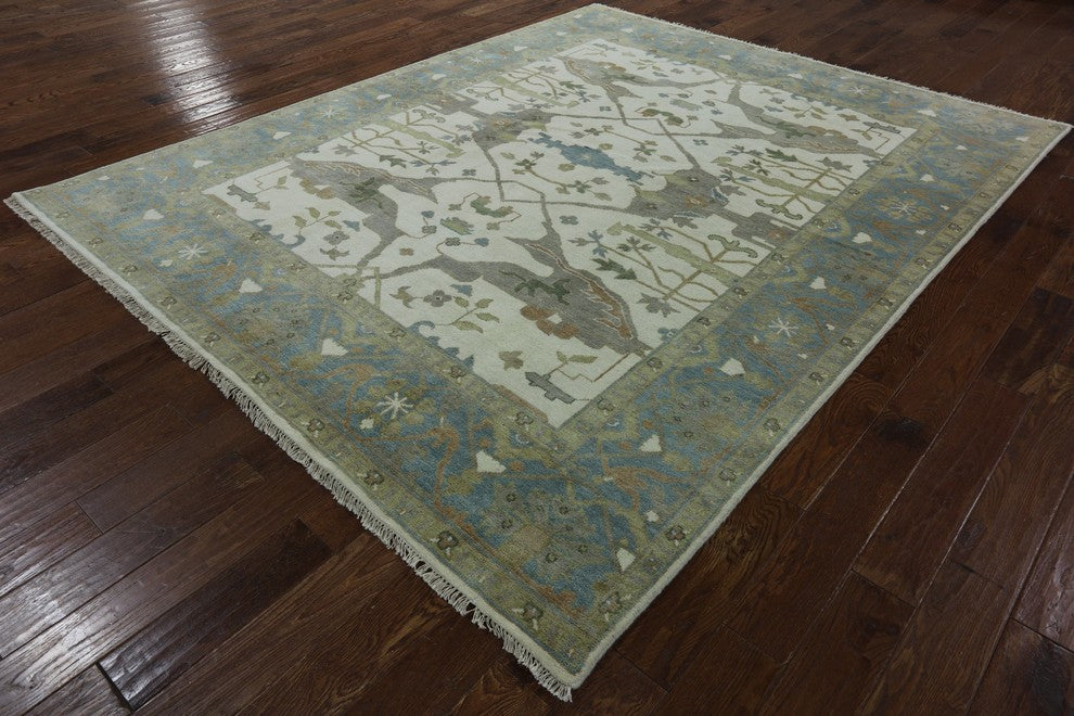 Turkish Oushak Hand-Knotted Ivory Oriental Wool Rug, 8'x10'