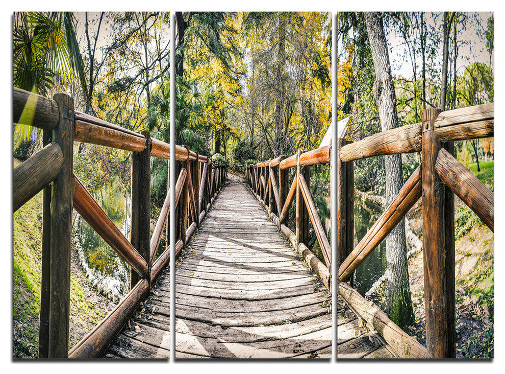 "Wooden Bridge in Forest" Wooden Sea Bridge Metal Wall Art, 3 Panels, 36"x28"