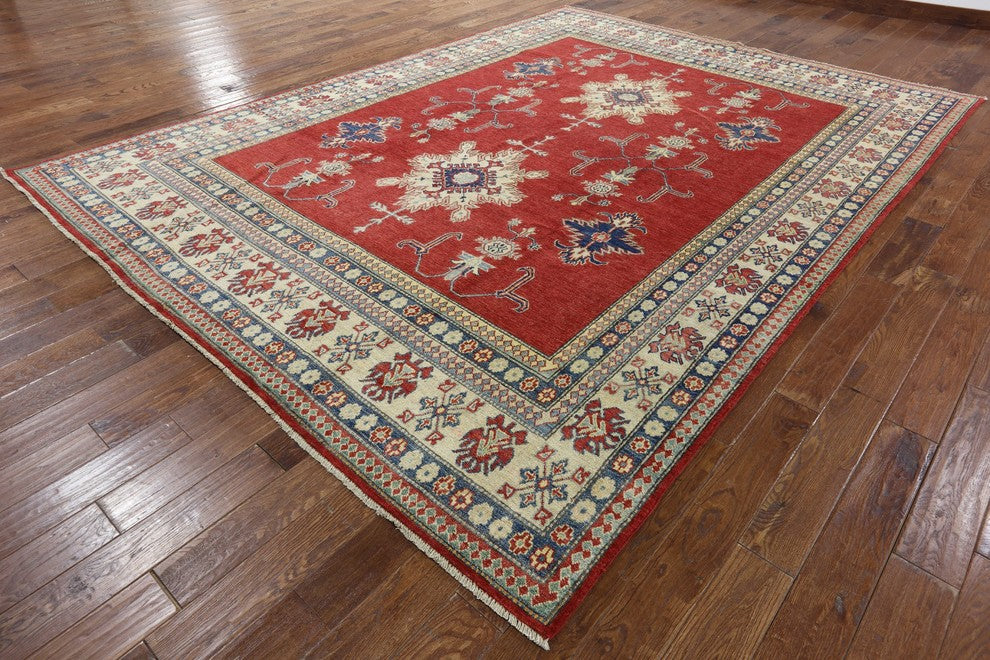 Oriental Red Super Kazak Hand-Knotted Wool Rug, 9'x13'
