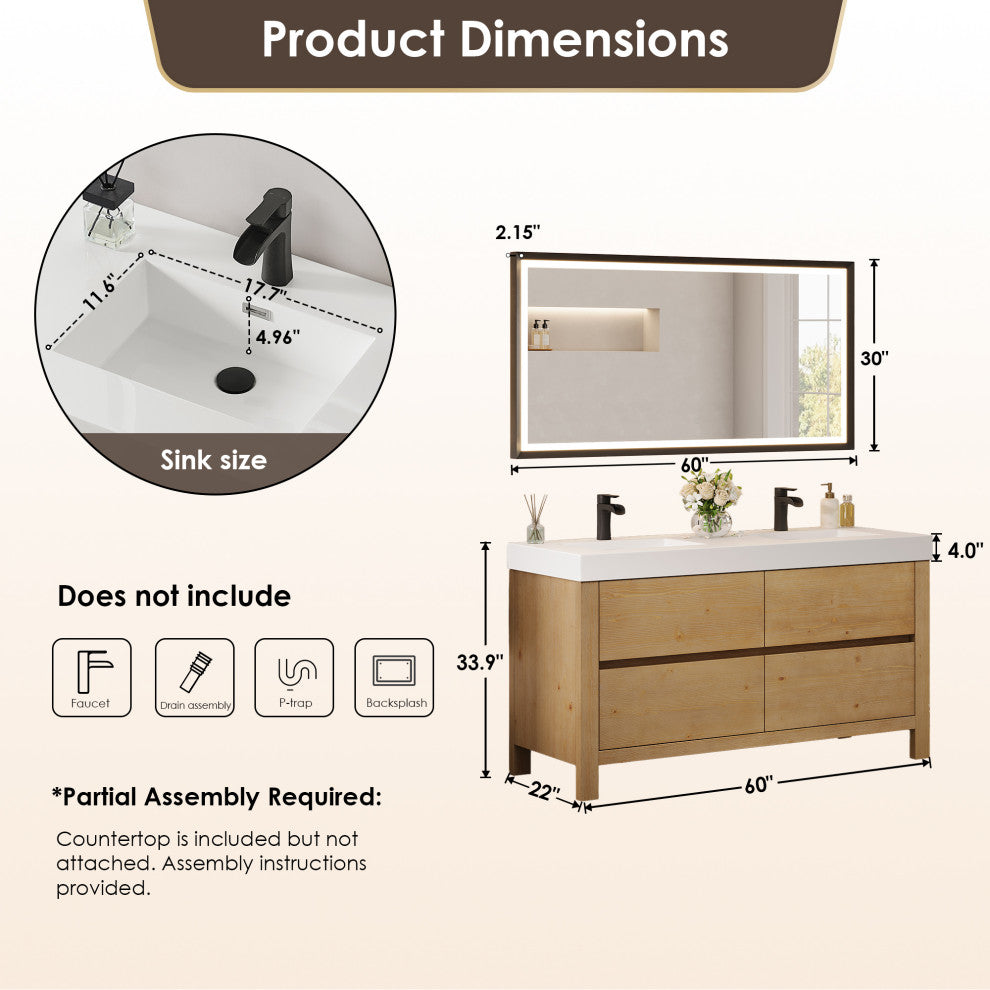 Cascadia Bathroom Vanity, Weathered Fir, 60", With Mirror