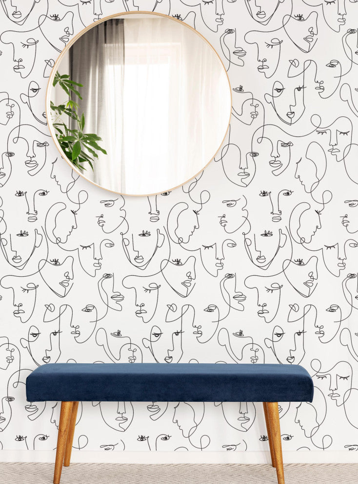 Minimalist Faces Line Art Peel and Stick Vinyl Wallpaper, Black, 24"w X 60"h