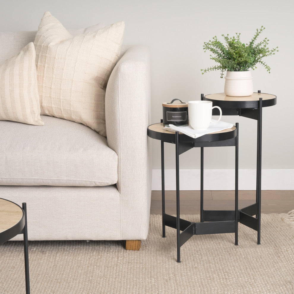 Wade Travertine Marble With Matte Black Metal End Tables