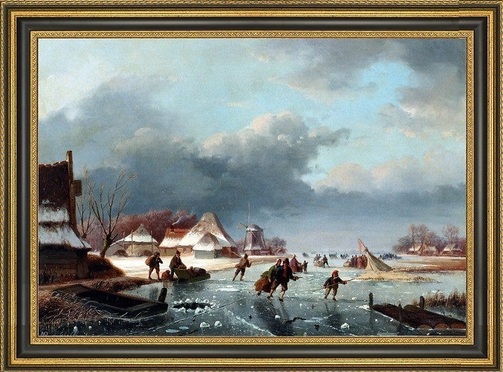 Andreas Schelfhout Figures Skating on a Frozen RiverFramed Canvas Print, 16"x24"