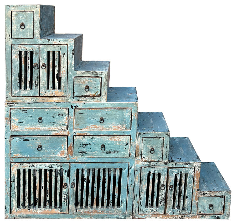 Distressed Pastel Blue Triangle Step Tansu Cabinet Display Room Divider Hws4357