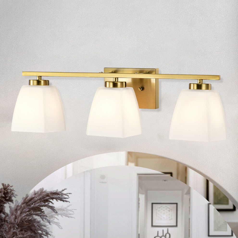 22 in. 3-Light Gold Modern Vanity Light With Square Etched White Glass Shades
