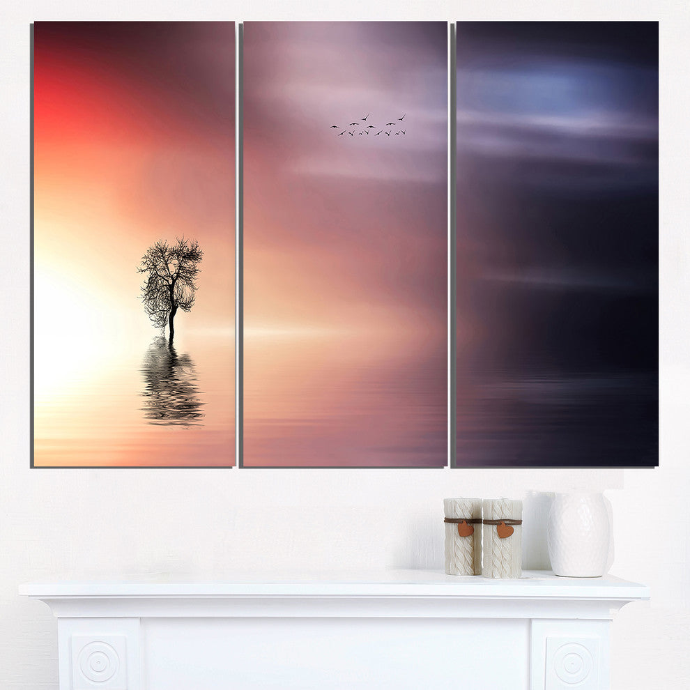 "Lonely Tree and Birds Panorama" Metal Landscape, 3 Panels, 36"x28"