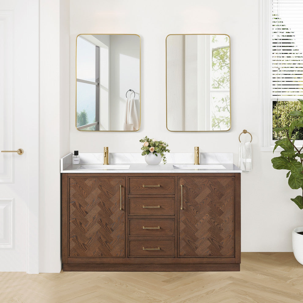 Jakarta Bath Vanity, Quartz Top No Mirror, Dark Brown Oak, 60", Double Vanity