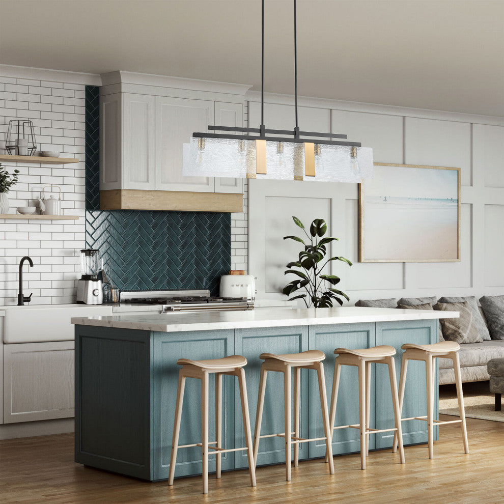 Farmhouse Matte Black 5-Light Rectangle Glass Chandelier for Kitchen Island