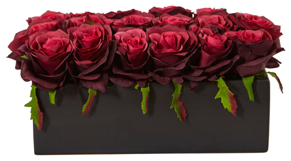 Dozen Silk Roses, Ceramic Rectangular Planter, Bergundy