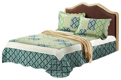 Tache Damask Turquoise Reversible Patchwork Bedspread Quilt Set, Queen
