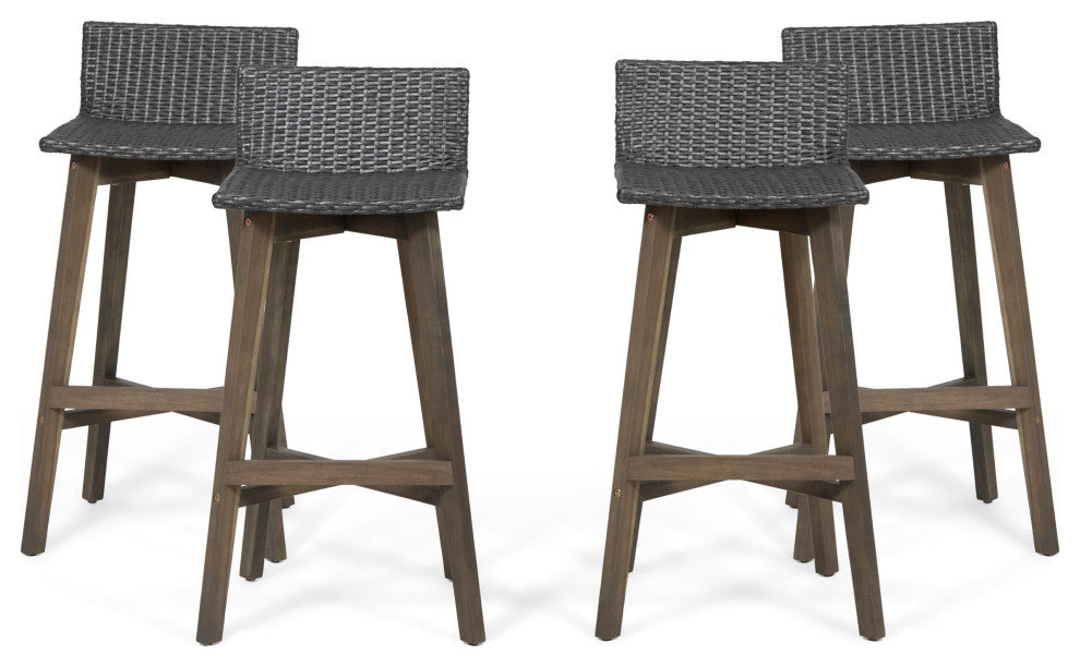 Jessie Outdoor Wood and Wicker Barstool, Set of 4, Gray, Gray Finish
