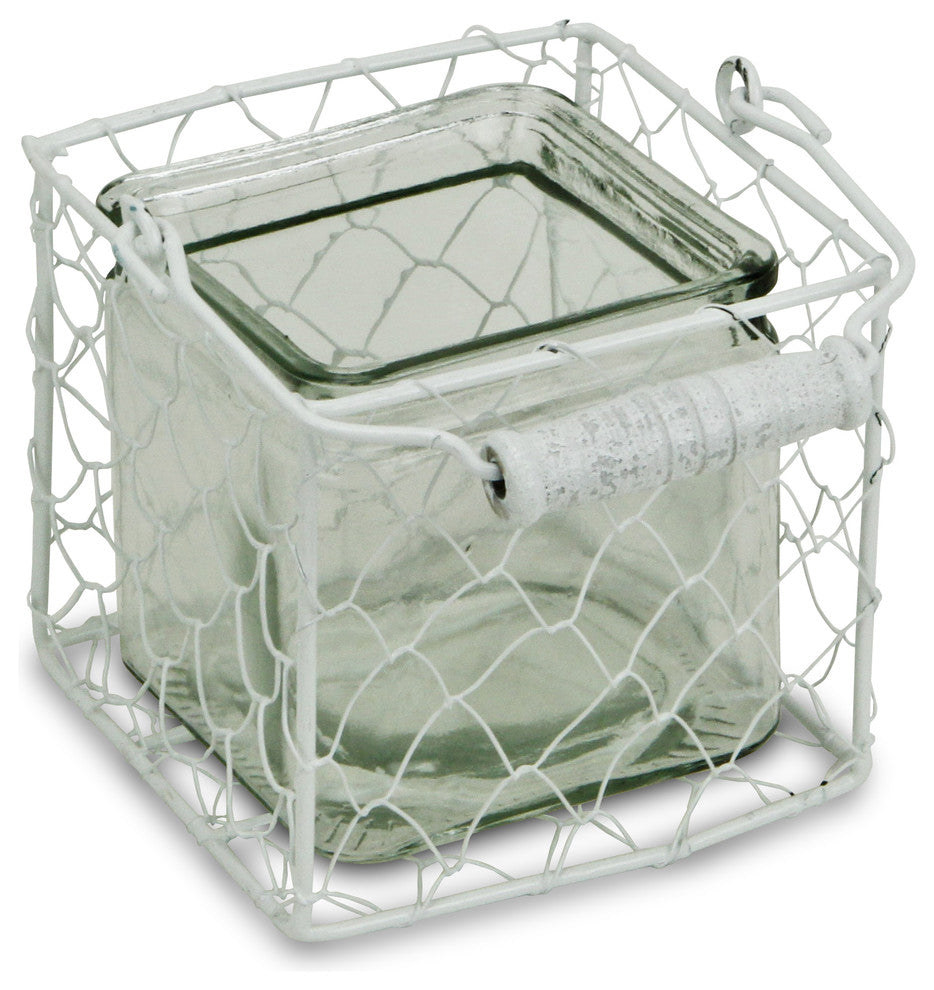 Laguna Wire Basket With Glass Jar, White, Large, Medium