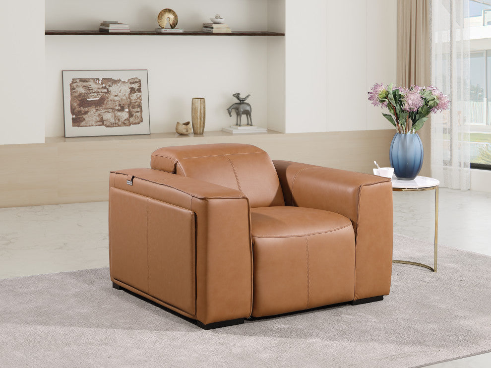 Niccolo Italian Leather Power Reclining Arm Chair With Power Headrests, Cognac