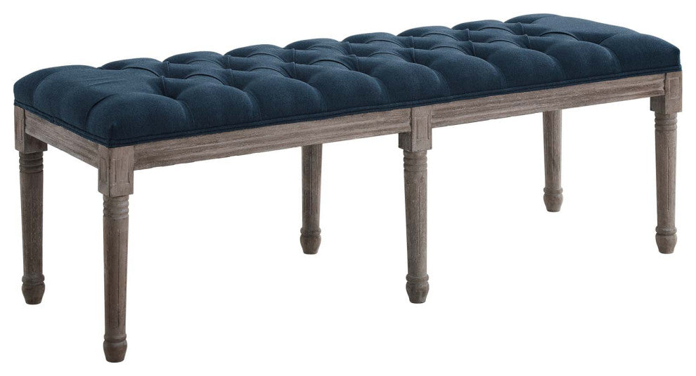 Navy Province French Vintage Upholstered Fabric Bench